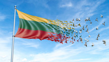 Lithuania Flag On A Pole Turn To Birds While Waving Against A Blue Sky Background - 3D Illustration.