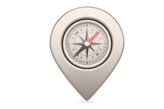 Silver Pin Compass isolated on white background. 3D illustration.