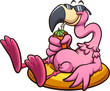 Pink flamingo with sunglasses resting on a lifesaver and having a tropical drink. Vector cartoon clip art illustration with simple gradients. All on a single layer.

