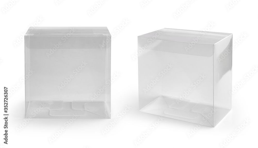 Transparent plastic packaging box isolated on white with clipping path ...