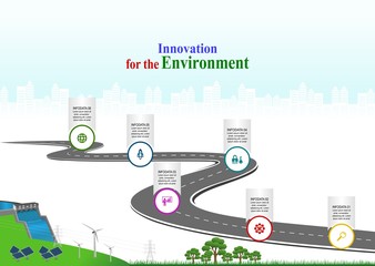 Leinwandbilder - Vector template infographic Timeline of business operations with flags and placeholders on curved roads. Symbols, steps for successful business planning Suitable for advertising and presentations.