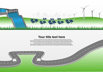 Leinwandbilder - Power generation system renewable Clean energy from nature, such as wind, solar, water energy, can be used to produce electricity.Vector template infographic Timeline of business operations with cars.