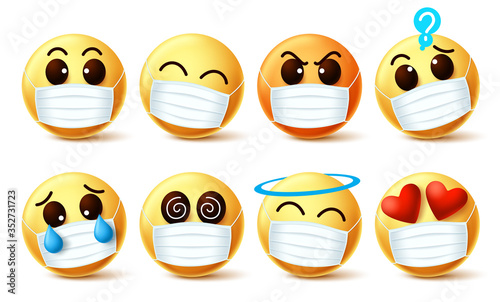 Fotomural Emoji smiley with covid-19 face mask vector set