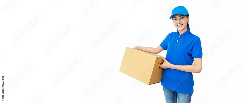 Portrait of happy delivery asian woman with cardboard box isolated on ...
