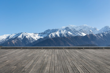 Poster - snow mountain with wooden floor