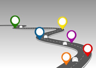Leinwandbilder - Road journey. Vector illustration. Asphalt street  isolated on white background. Symbols, steps for successful business planning. GPS location timeline infographic template with pin pointer icon. 
