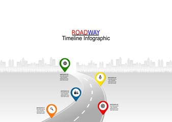 Leinwandbilder - Vector template infographic Timeline of business operations with flags and placeholders on curved roads. Symbols, steps for successful business planning Suitable for advertising and presentations.