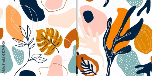 Abstract seamless patterns set with modern design, doodle shapes and plants