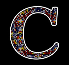 Initial Capital Letter C With Colorful Dots. Abstract Design Inspired In Mexican Huichol Beaded Craft Art Style. Isolated On Black Background