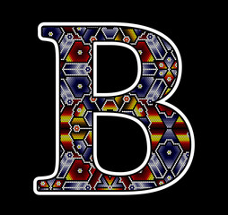 initial capital letter b with colorful dots. Abstract design inspired in mexican huichol beaded craft art style. Isolated on black background