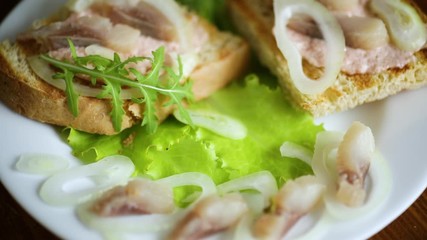 Sticker - sandwich with salad, herring and herbs with onions in a plate