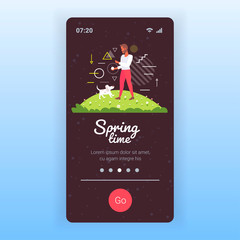 Wall Mural - young man walking with dog outdoors at park guy relaxing with pet spring time concept smartphone screen mobile app copy space full length vector illustration