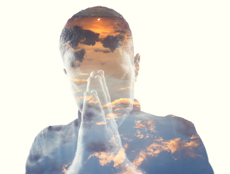 Fototapete - Double exposure of man in the clouds at sunrise or sunset time