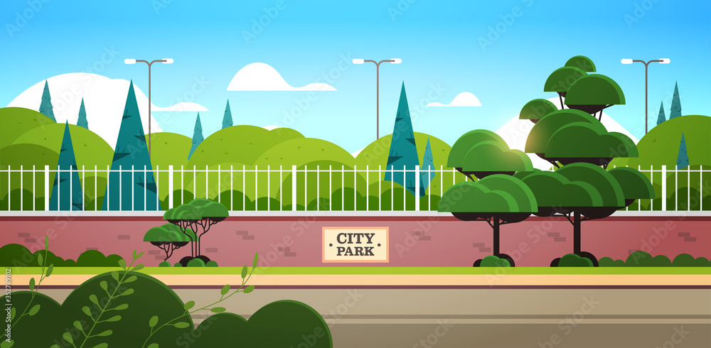 city park sign board on fence beautiful summer day sunrise landscape background horizontal vector illustration - obrazy, fototapety, plakaty 