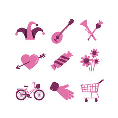 Poster - Valentines Day and shopping flat color vector objects set. Heart, flowers and candy romantic present. Jester hat and musical instruments 2D isolated cartoon illustrations on white background
