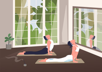 Poster - Indoor yoga class flat color vector illustration. Sportsman and sportswoman in cobra pose 2D cartoon character with window on background. Healthy lifestyle, relaxation exercise and aromatherapy