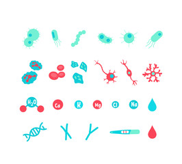 Poster - Microbiology flat color vector objects set. Nervous system. Bacteria and probiotic. Virus infection. Hormone for human. Laboratory microorganisms 2D isolated cartoon illustrations on white background
