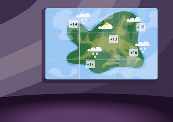 Poster - Weather forecast studio flat color vector illustration. Empty meteo news studio 2D cartoon interior with atmospheric precipitation map on background. Regional meteorological condition prediction