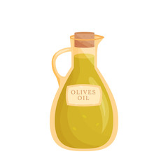 Poster - Olives oil in glass pitcher cartoon vector illustration. Polyunsaturated fatty acids sources flat color object. Good nutrition. Vegan, vegetarian product isolated on white background