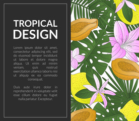 Sticker - Tropical Design Banner Template with Bright Exotic Leaves, Flowers, Fruits and Space for Text Vector Illustration