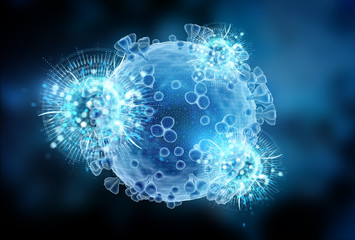 Poster - Wireframe hologram microscopic close-up of the covid-19 disease. Coronavirus illness spreading in body cell 3D rendering