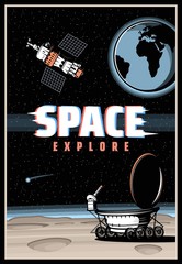 Poster - Outer space and planet explore, vector poster with glitch effect. Galaxy exploration, universe adventure design with lunar rover walk on moon surface with craters, satellite on earth orbit in universe