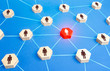 © Andrii Yalanskyi - Red person in a network. Leader leadership skills. Cooperation, collaboration. Essential employee. Organization of coordinated work of company, filling of vacancies with professional specialists.