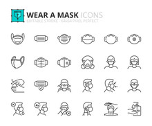 Simple Set Of Outline Icons About Wear A Mask. COVID-19 Prevention