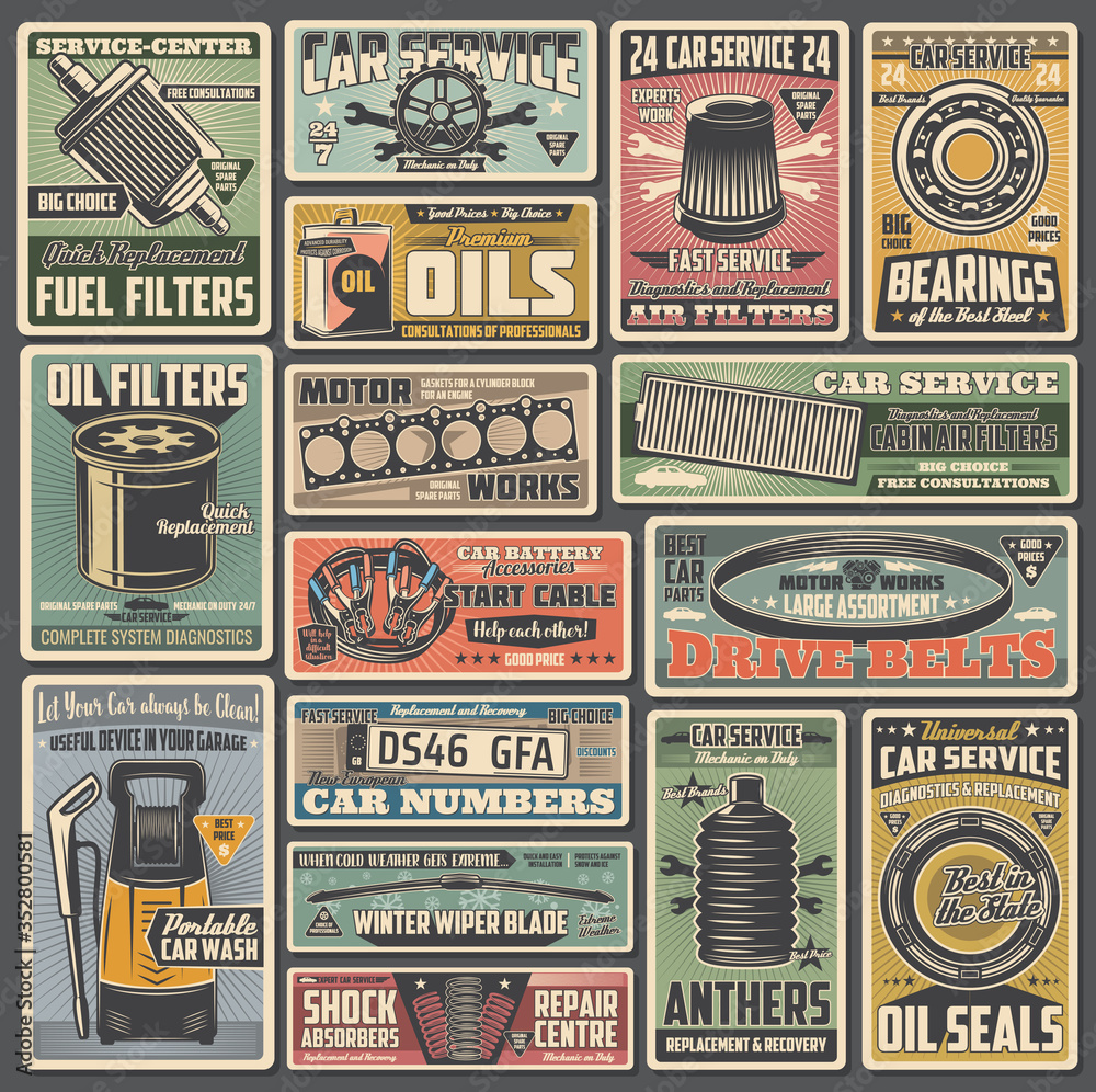 Car spare parts service, maintenance retro posters. Fuel, oil and air filters, bearings, motor gasket, car betteries and drive belts spare parts. Car diagnostics or maintenance vintage vector design - obrazy, fototapety, plakaty 