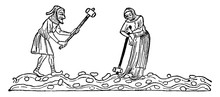 Peasants Using Mallets To Break Clods Of Earth Before Farming The Land, Vintage Illustration