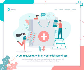 Fototapete - Order medicines online. Home delivery drugs. Medical flat vector illustration. Landing design template.