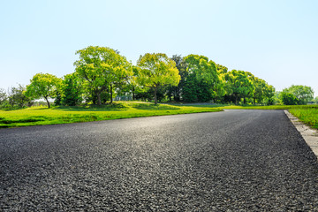 Asphalt road and green forest under blue sky.