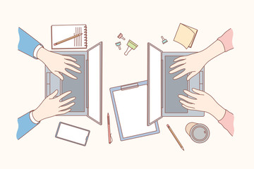 Poster - coworking, business, freelance, coding concept. team man and woman hands typing text article for pos
