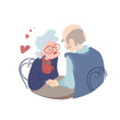 Poster Elderly people sit at the table and gently hold hands.The inscription Take care of each other. Stay at home.Quarantine together, prevention of coronavirus COVID-19.Vector poster in a flat style