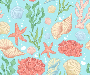 Wall Mural - marine seamless pattern with corals, shells and algae