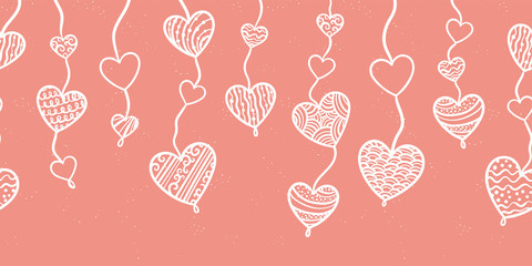 Wall Mural - Cute hand drawn horizontal seamless doodle hearts garland, hanging hearts, great for Valentines or Mother's Day designs, banners, wallpapers - vector design