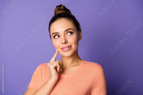 Fotomural Close up photo of minded positive girl touch hand chin look copyspace think thou