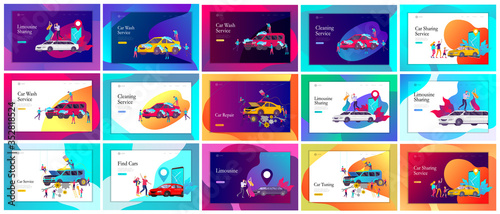 Landing page template mobile city transportation, online limousine, car sharing with family character and smartphone Poster Mural XXL