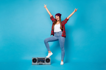 Poster - Full length body size view of nice attractive pretty charming cool dreamy glad cheerful cheery girl put leg on boombox having fun isolated over bright vivid shine vibrant blue color background