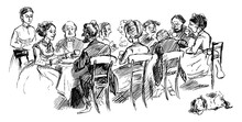 Group Of Men And Women Enjoying The Dinner Party, Vintage Illustration.