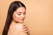 © deagreez - Closeup profile photo of latin nude lady model natural beauty no makeup holding hand touch shoulder skin after using new body wash isolated beige pastel color background