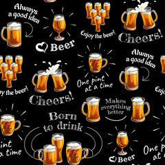 Seamless pattern with beer glasses and texts. Mugs and glasses for toast with light beer on black background. 