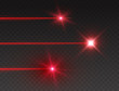 Laser beam set isolated on transparent background. Abstract red shine light rays with glow lazer flash. Vector neon explosion effects