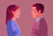 Conceptual illustration representing young smiling woman and man who pretend harmony and hide mutual animosity 