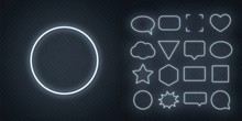 Set Of White Neon Frames With Soft Glow On A Transparent Background. Speech Bubble, Square, Circle, Star, Triangle, Heart, Hexagon And Other Glowing Neon Shapes On A Dark Background.