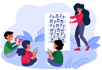 Sticker - Music class for kids. Teacher showing music sheet to children, playing instrument, clapping hands flat vector illustration. Childhood, education concept for banner, website design or landing web page