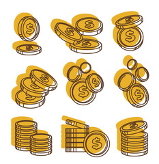 Golden money coins in piles, us dollar currency