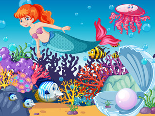 Canvas Print - set of sea animals and mermaid cartoon character on sea background