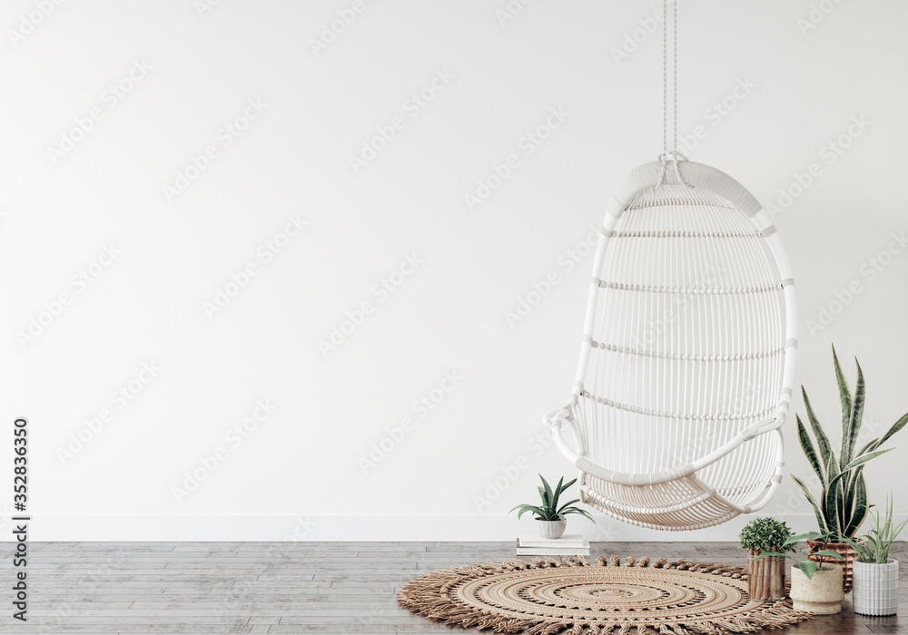 Swing with plants close up in interior background, wall mockup, 3d render - obrazy, fototapety, plakaty 