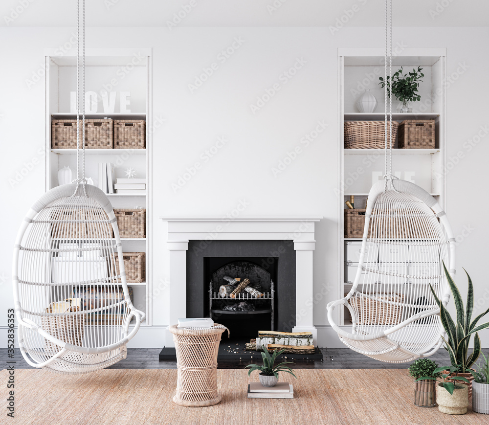 Cozy white living room interior with swings near fireplace, wall mockup, 3d render - obrazy, fototapety, plakaty 